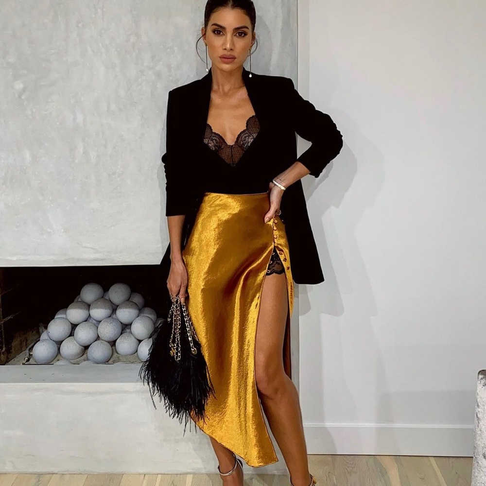 Jonathan Simkhai Size 6 Golden Copper Skirt with Black Lace Detail slip